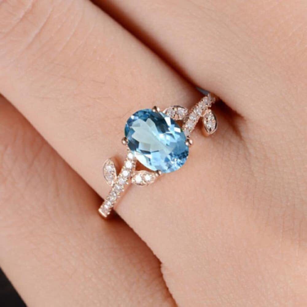 2579 S925 Plated Rose Gold Ring Natural Blue Crystal Zircon Ring Simple